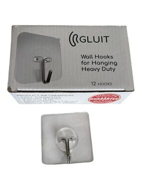 GLUIT Heavy Duty Wall Hooks - Clear with Silver Hooks (12 Pack)